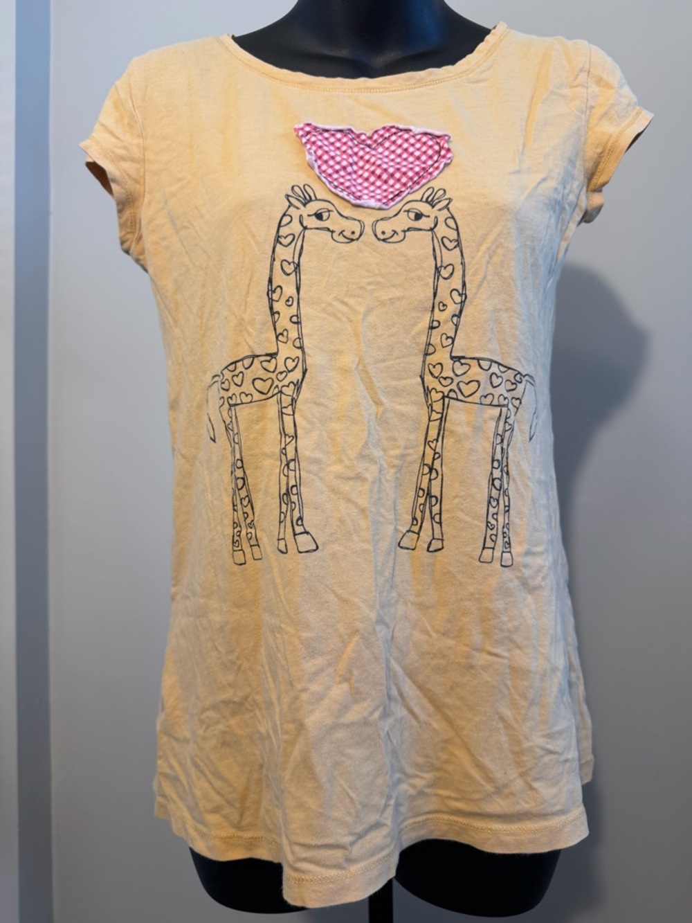 Xhilaration Yellow Tee with Giraffe Graphic and Pink Heart Applique
